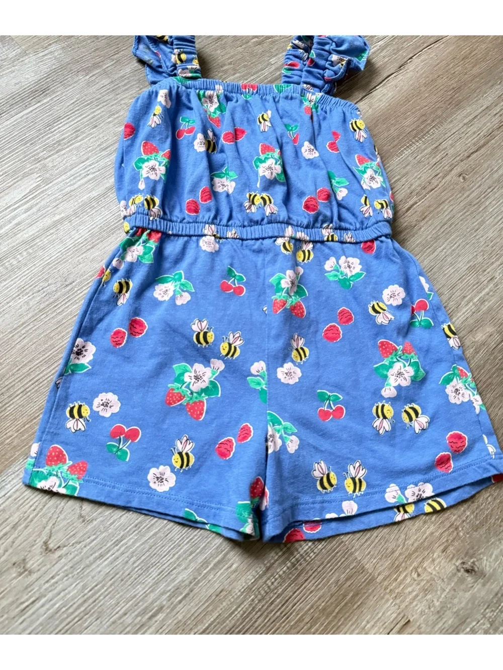 Old Navy Blue Floral Strawberry Bee Print Girls Romper Outfit Size 4T